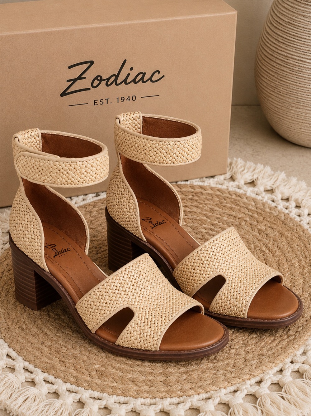 Zodiac IDA Woven Raffia Block Heel Sandals Beige Ankle Strap SZ 8